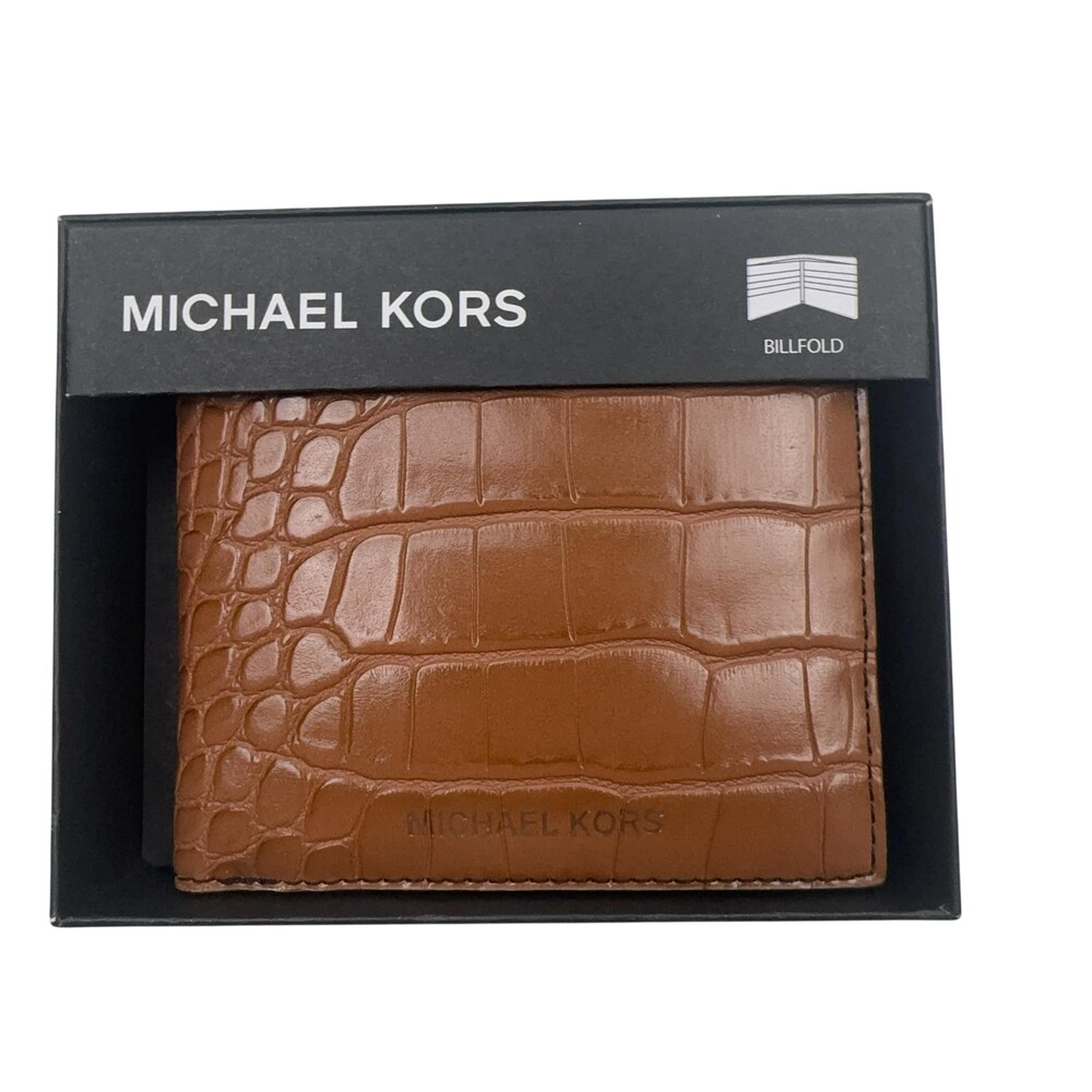 Michael Kors Wallet Mens Brown Leather Bifold Croc Embossed Mason Billfold